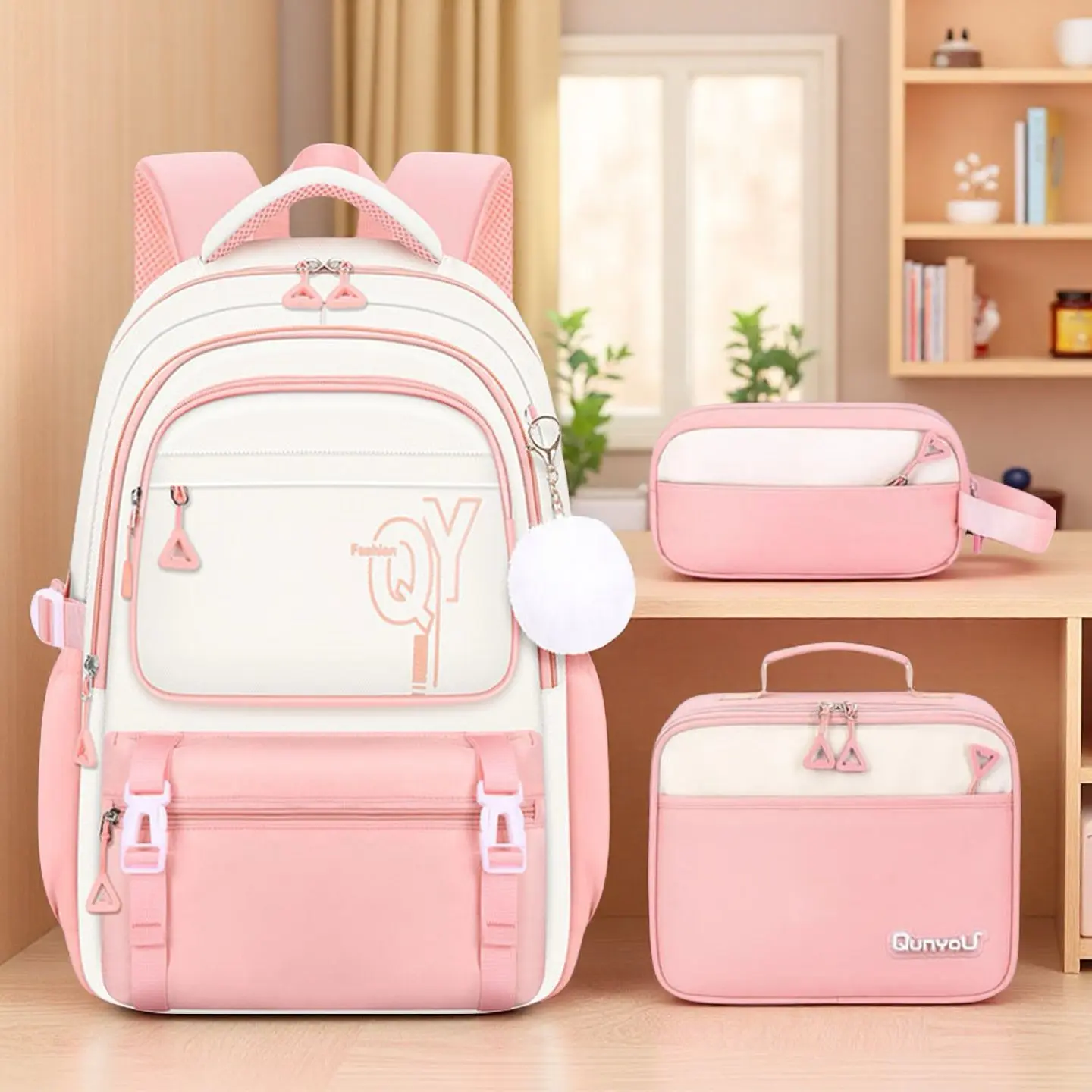 3Pcs Pink White Color Block Letter Print Backpack Set for Teen Girls Women, Machine Washable Large Capacity Multi-Layer Student Backpack, Lightweight Water Resistant Daypack with Fluffy Pom Pom Pendant, Matching Insulated Lunch Bag & Zipper Pencil Pouch C