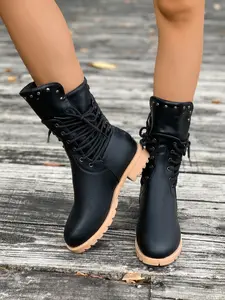 Women's Fashion Solid Color, Back Zipper Design, Casual Comfort Round Toe Western Boot Shoes, Versatile Trendy Footwear for Girls