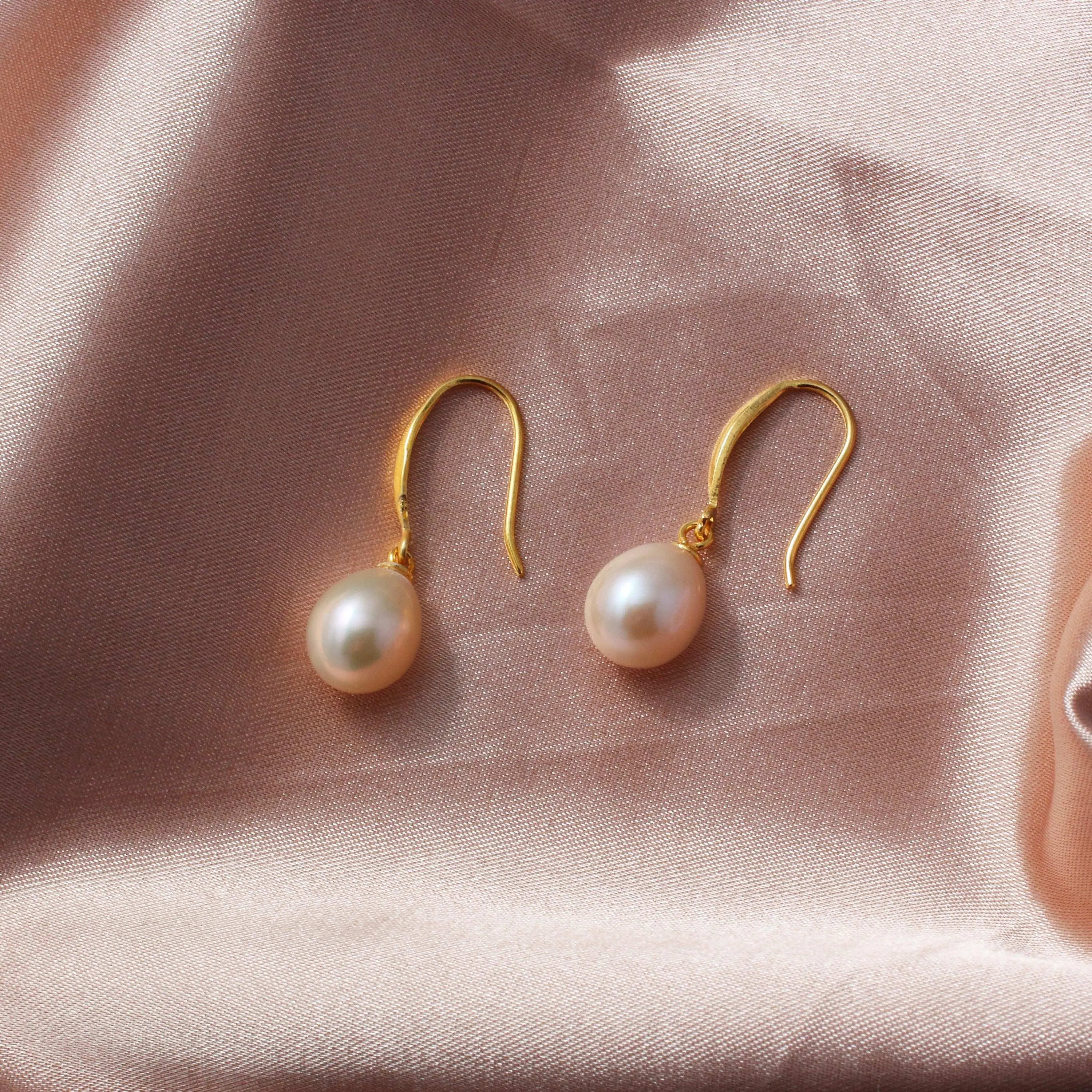 14K Gold Plated Sterling Silver Pearl Earrings, Ellipsoid Shape with Very High Luster and AA+ Grade