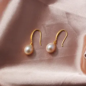 14K Gold Plated Sterling Silver Pearl Earrings, Ellipsoid Shape with Very High Luster and AA+ Grade