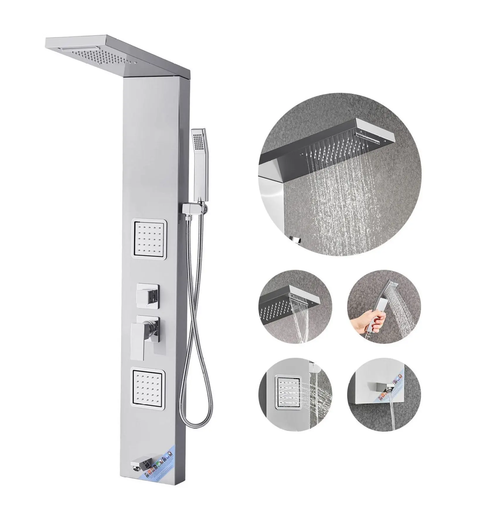 Shower Panel Tower System, 53in Stainless Steel, 5-Function Rainfall Waterfall Shower Head with Body Jets & Handheld 2 Large Area Adjustable Angle 5 Water Outlets