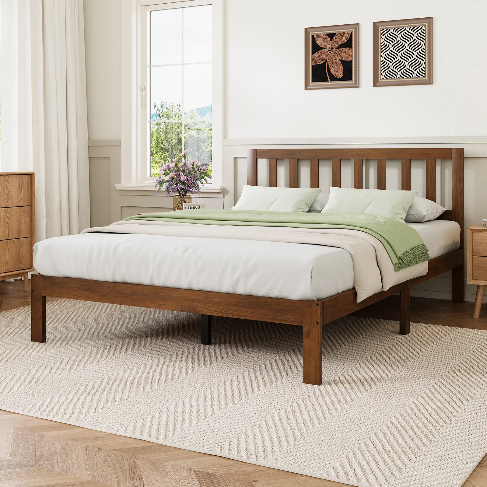 Novilla Twin/Full/Queen/King Wooden Bed Frame with Upholstered Headboard, Solid Wooden Bed Foundation, No Box Spring Required,Quick Easy Assembly,Back To School
