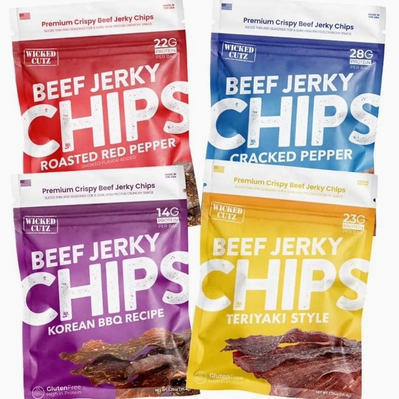 Wicked Cutz Jerky Chips Variety Pack, Up to 28g Protein Per Bag, Cracked Pepper, Teriyaki, Roasted Red Pepper, & Korean BBQ Flavored Beef Jerky Crisps, USA Made High Protein Carnivore Snacks (4 Bags)