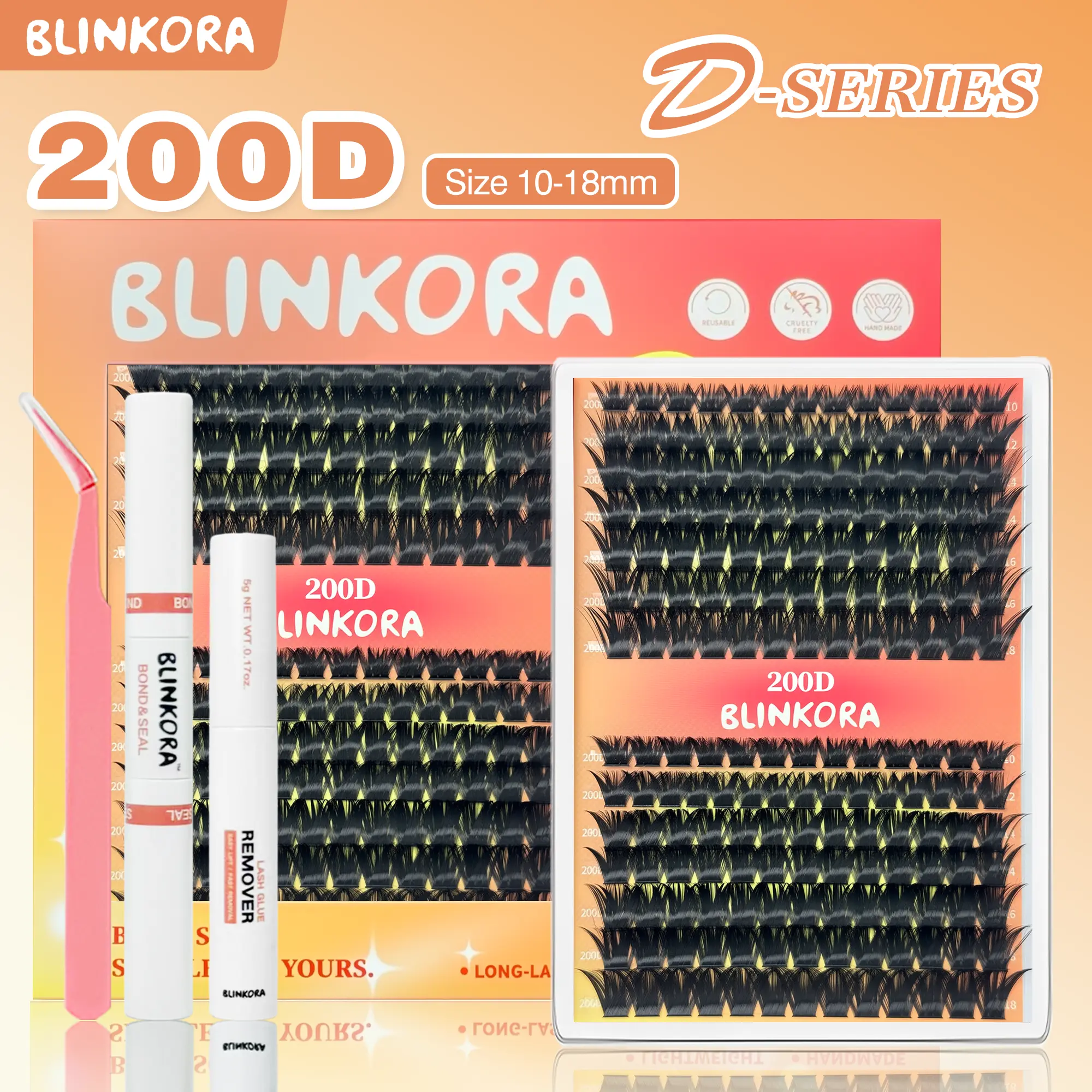 Blinkora 200D Eyelash Cluster Kit 10-18mm Fluffy Mega Volume Lash Clusters | Thick Long Dense Cluster Eyelash Extensions for Bold Dramatic Look DIY at Home | D Curl Beginner Friendly Long Lasting Clusters | Waterproof  Glue, Remover | Cluster Lash Kit