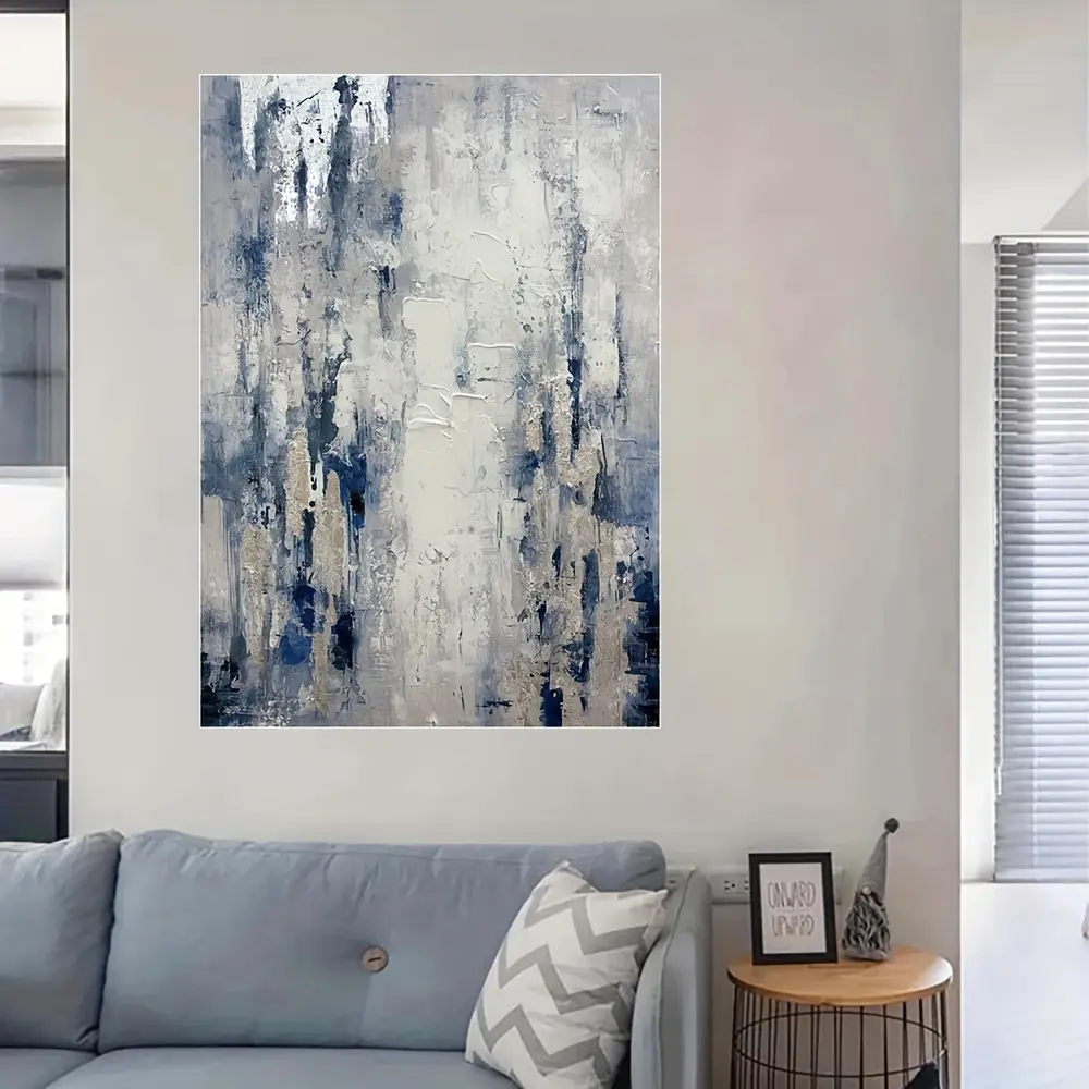 Artistic Abstract Oil Painting - Gray-Blue Textured Unframed Wall Artwork, Modern Home Decoration for Living Space & Bedroom, Office Display Accent Home Supply