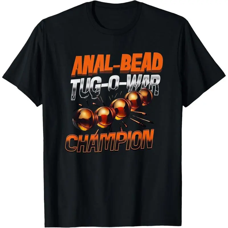 Men's Plus Size (XXL) Cotton Round Crew Neck Short-Sleeve T-Shirt - Casual, Lightweight, Breathable, Soft, Machine Washable Classic Menswear with Funny "Anal Bead Tug-O-War Champion" Saying, Normal Type