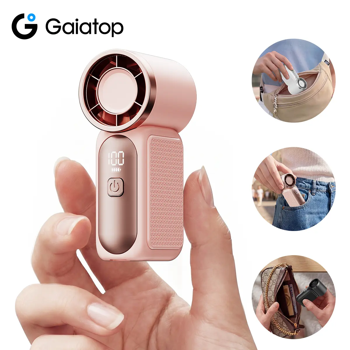 Gaiatop HF-18 Portable Compact Fan, 5-Speed 16900 RPM High Velocity with LED Display, LED Light, USB Rechargeable Port, Lanyard, Makeup-Friendly, for Travel, Pink Women’s Gift, Back to School Household Appliance