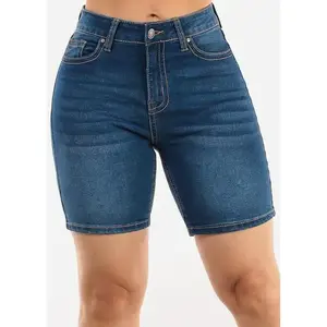 Classic High Waist Mid Thigh Stretch Denim Shorts Med Blue