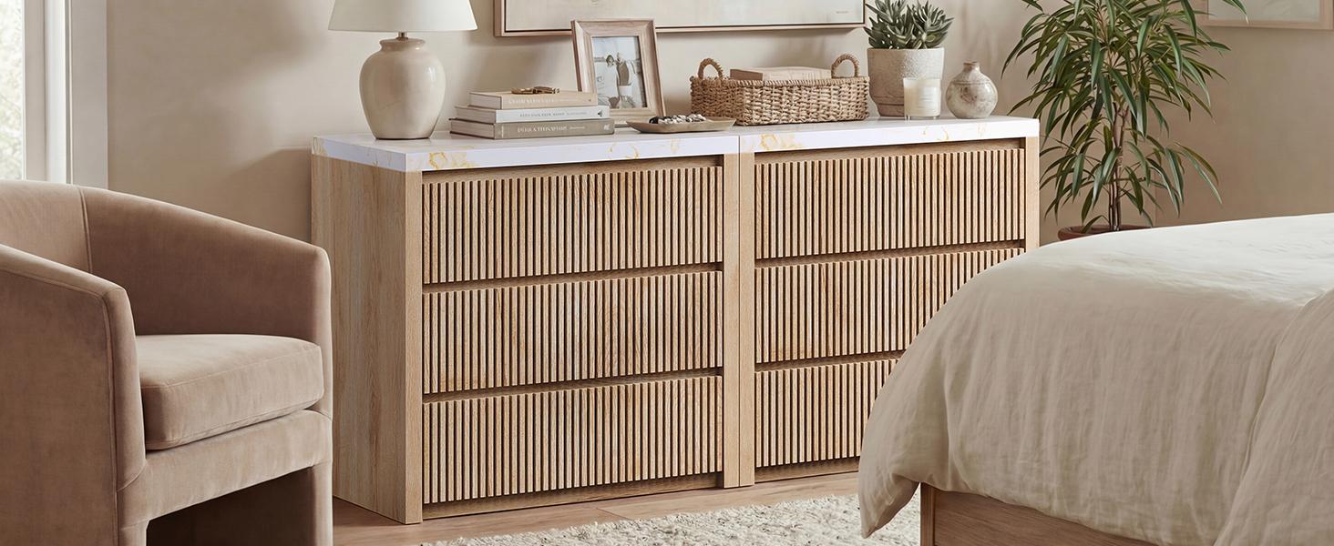 Sikaic 31.5” Wide Oversized Fluted Nightstand, Slatted 27.6”Tall Night Stands, Extra Large Wood Bedside Table, 3 Drawers, Mid-Century Modern End Table Bedroom, Living Room, Thickened