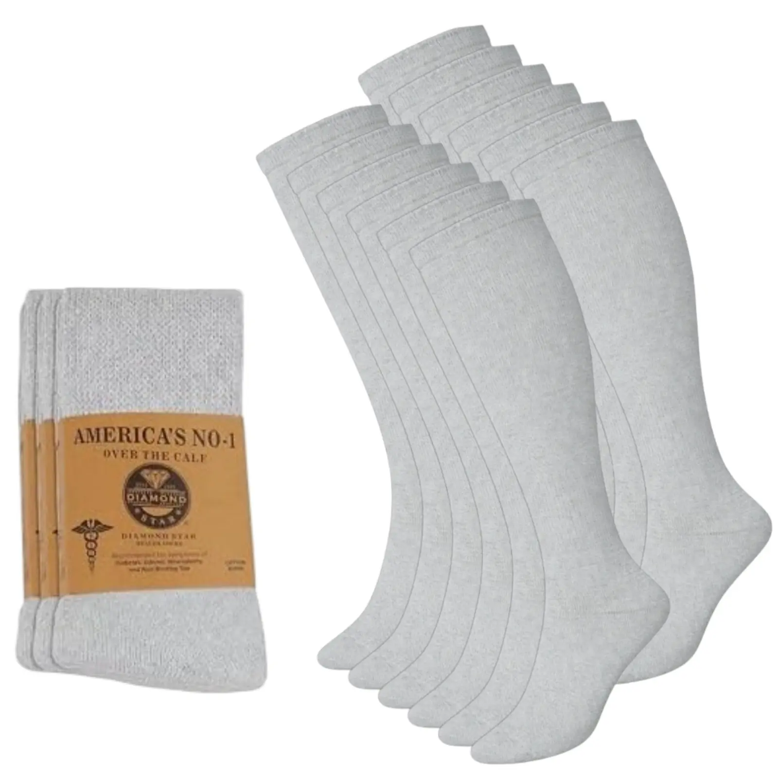 DIAMOND STAR Men's Fashion Sock Set - 6 Pairs Grey Premium Cotton Diabetic Socks, Soft Seamless Loose Plain, Over-The-Calf Knee-High, Casual Elastic, Size 10-13