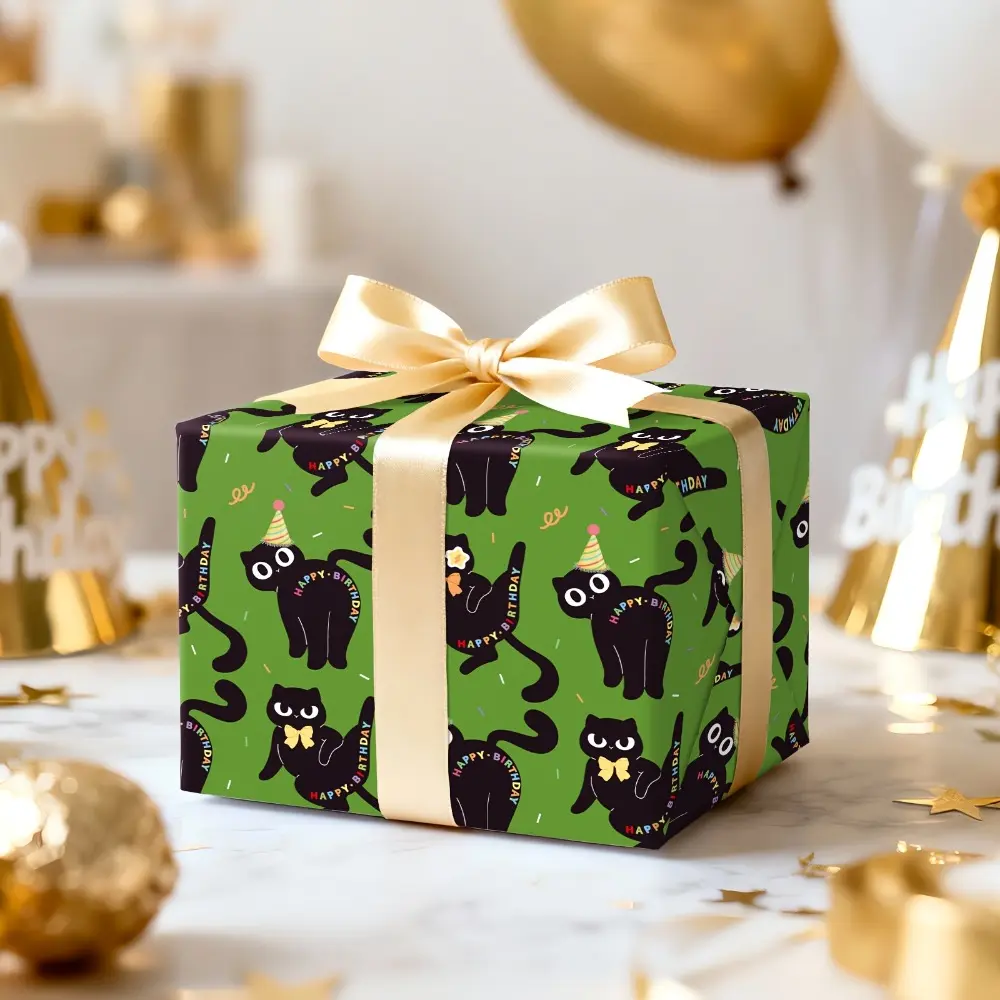 10 sheets Cute black cat birthday wrapping paper | printed with black cat patterns is very suitable for cat lovers' birthdays, celebrations, festivals and other activities.