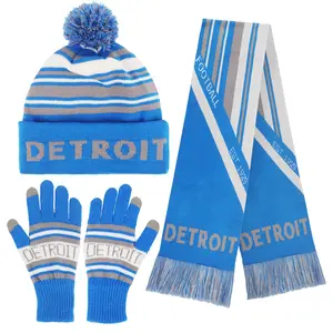 Knitted Detroit Ribbed Hat Scarf & Gloves Set Jacquard Design Elastic Warm Winter Accessories for Men Women