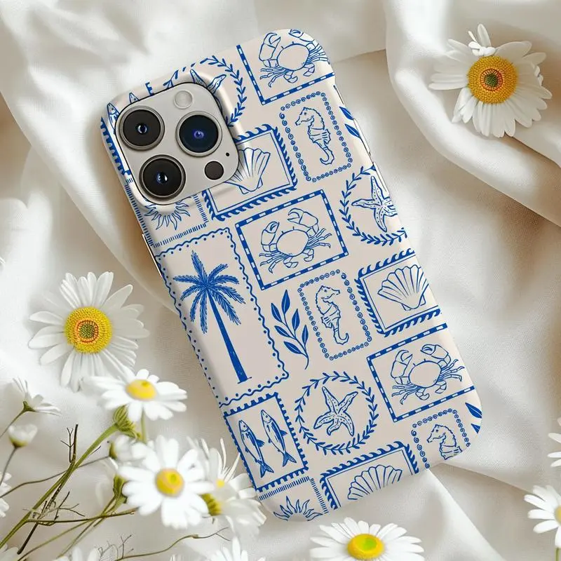 Blue & White Seashells Summer Phone Case, Amalfi Coast Summer Stamps