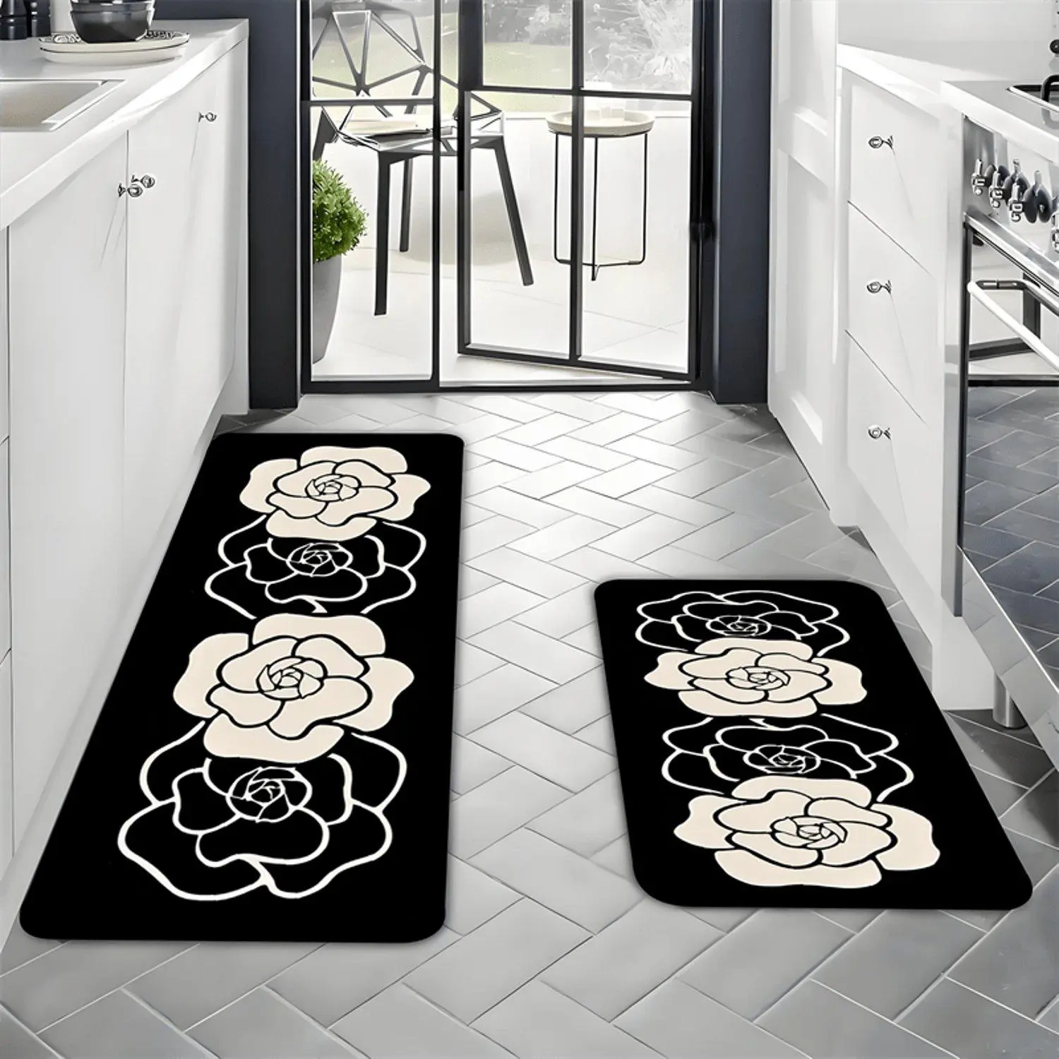 Black Background White Line Rose Floral Flannel Non Slip Kitchen Runner Rug