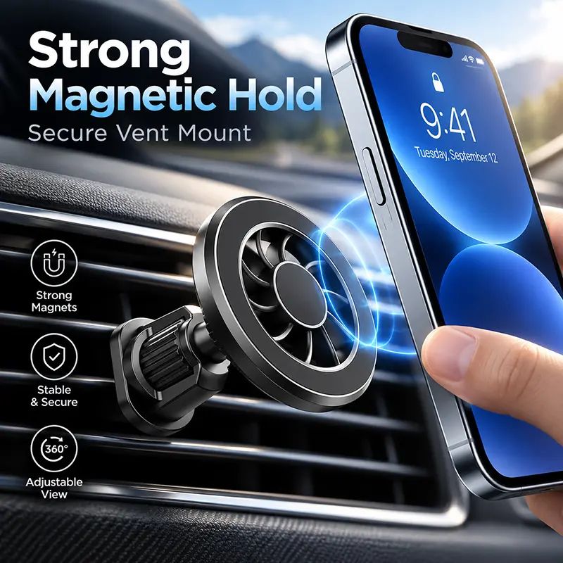 MagSafe-Compatible Car Phone Mount, Air Vent Magnetic Phone Holder for iPhone 17/16/15/14/13/12 Series, Adjustable Car Phone Holder, Black