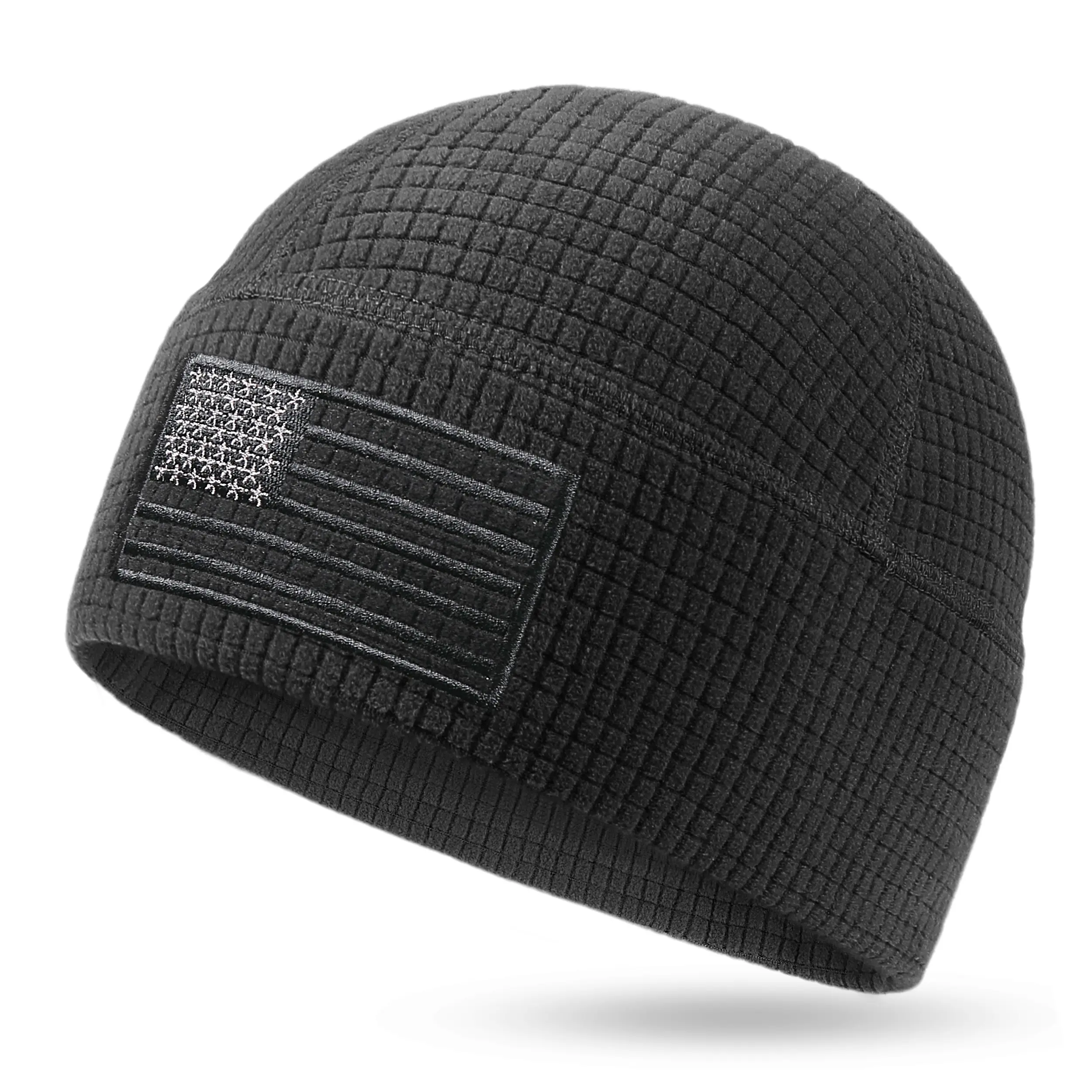 OUTDOOR SHAPING American Flag Waffle Grid Fleece Beanie - Soft, Lightweight Outdoor Skull Cap for Running, Hiking, Cycling Sports Headwear, Beanies
