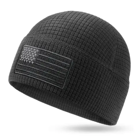 OUTDOOR SHAPING Patriotic American Flag Embroidery Waffle Grid Beanie - 98% Recycled Polyester Fleece, Soft Lightweight Adult Cool Weather Skull Cap, One Size, for Running Hiking, Patriotic Hat, Adults Accessories