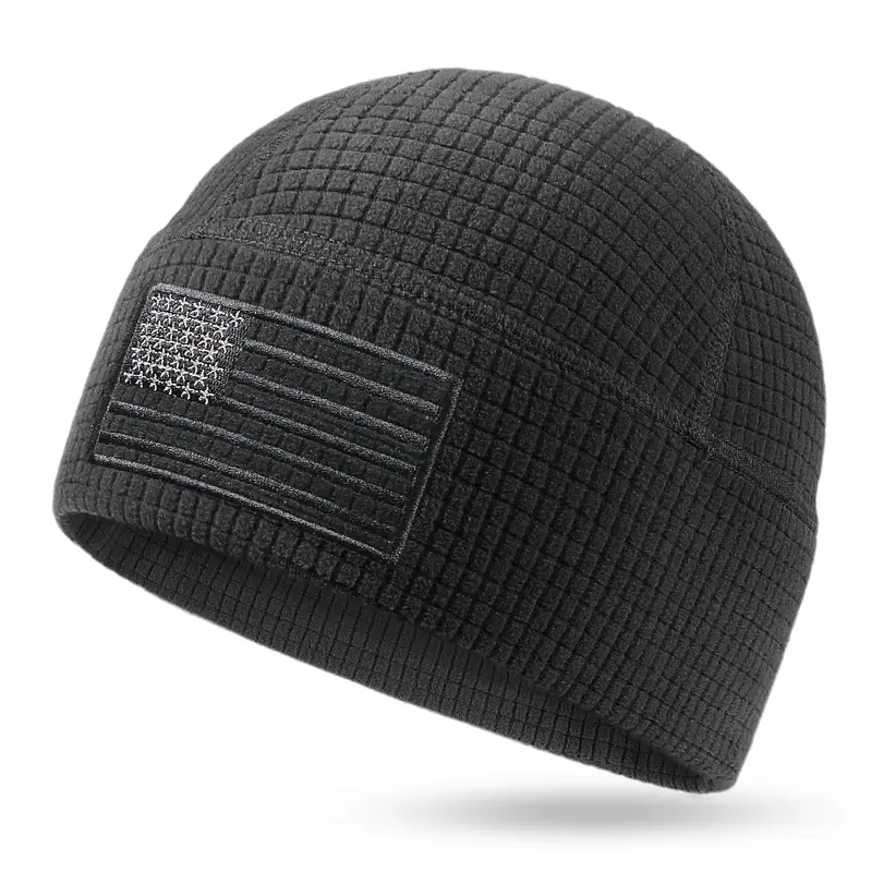 OUTDOOR SHAPING Patriotic American Flag Embroidery Waffle Grid Beanie - 98% Recycled Polyester Fleece, Soft Lightweight Adult Cool Weather Skull Cap, One Size, for Running Hiking, Patriotic Hat, Adults Accessories