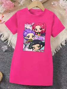Cartoon Kpop Magical Girl T-Shirt Dress for Girls, Casual Short Sleeve Summer Dress, Perfect Valentine's Gift for Kids