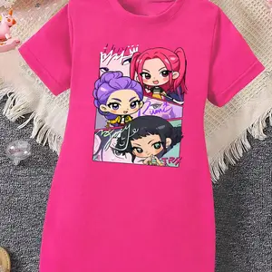 Cartoon Kpop Magical Girl T-Shirt Dress for Girls, Casual Short Sleeve Summer Dress, Perfect Valentine's Gift for Kids