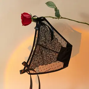 Dot pattern netted bow tie girls' underwear, breathable pure cotton crotch, sexy low-waist pure erotic lace underwear for women