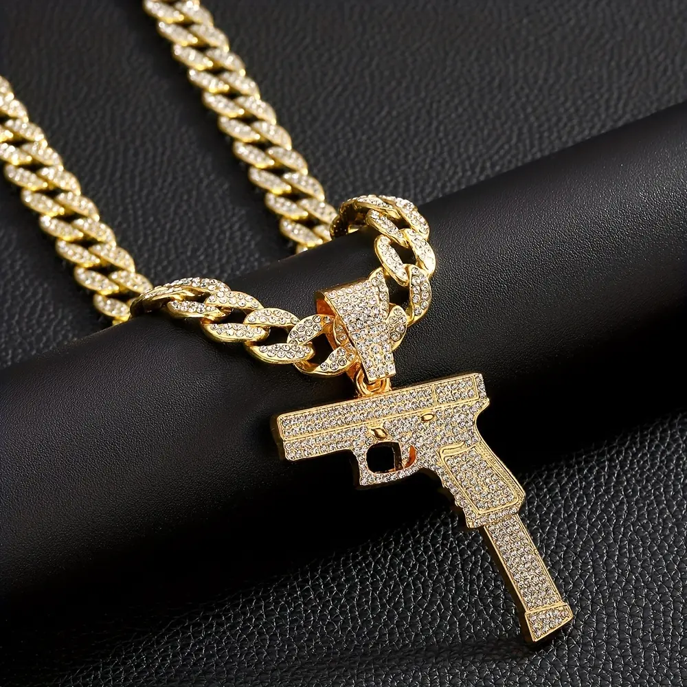 MaxBling81 Iced Out Gun-Shape Pendant with 15mm Cuban Style Chain, 16"-30" Gold Plated Men's Hip-Hop Daily Wear Fashion Costume Jewelry Necklace Accessory, Iced Out Chain, Statement Chain