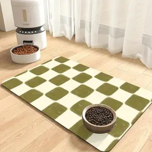Vintage Olive Plaid Pet Feeding Mat, Non-Slip Absorbent Pad for Food and Water Bowls, Durable Polyester, Easy Clean, Holiday Decor