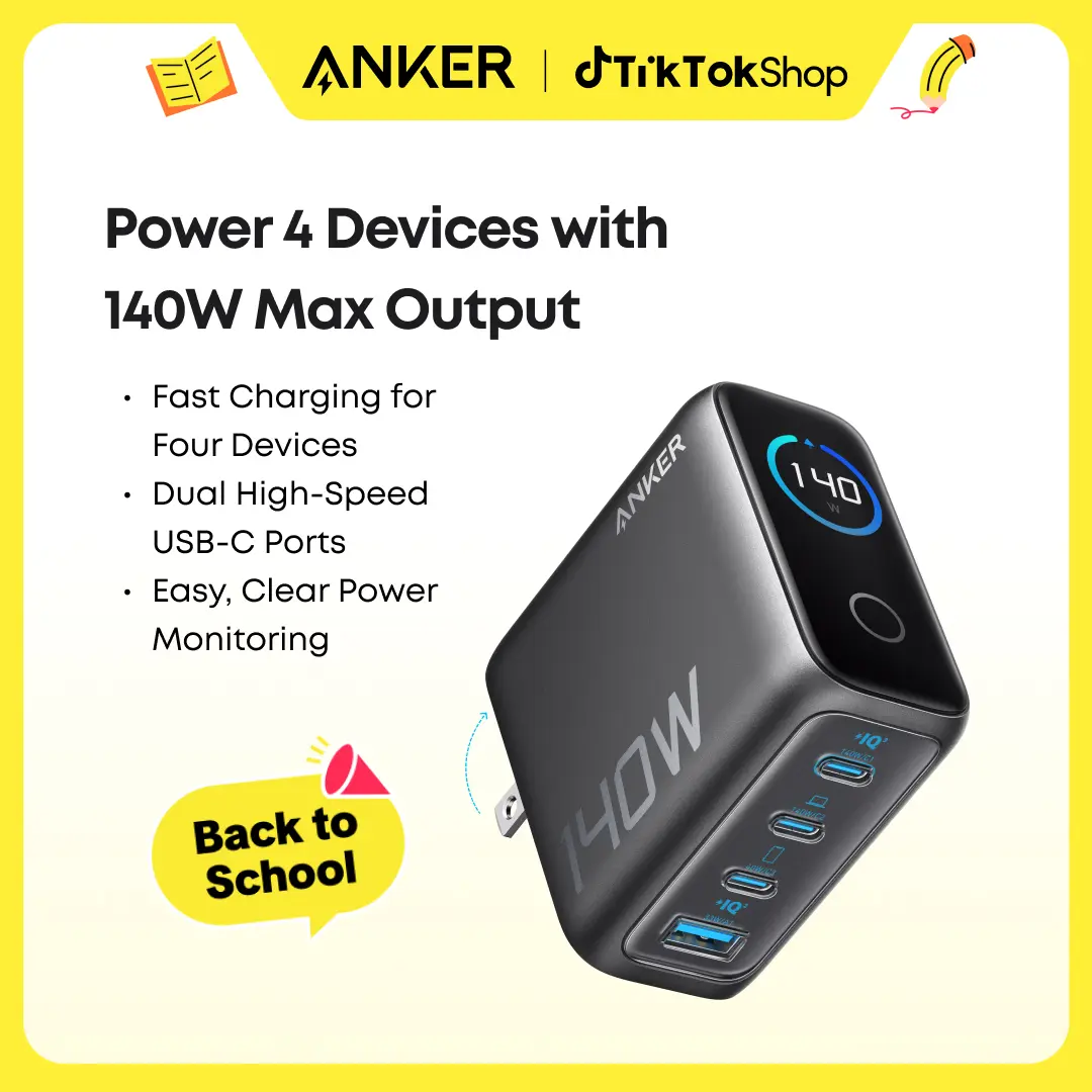 【AI Smart Display Charger】Anker 140W GaN Laptop Charger, 4-Port Power Adapter with Intuitive Touch Controls and Fast Multi-Device Charging, Compatible with MacBook, iPhone 17/16 Series, Samsung, Pixel, and More,#summerwins,FathersDayGift,#DealsForYouDays