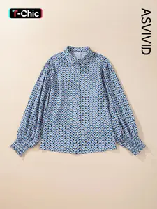 Women's Elegant Abstract Print Shirred Cuff Button down Loose fitting Collared Blouse Shirt