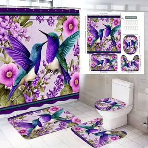 1/4pcs Hummingbird & Flowers Bathroom Curtain Set - Purple Teal Pink Floral Shower Curtain with 2 Mats Toilet Cover - Spring Easter Decor for Home, Perfect for Bathroom Upgrades with Hummingbird Garden Theme