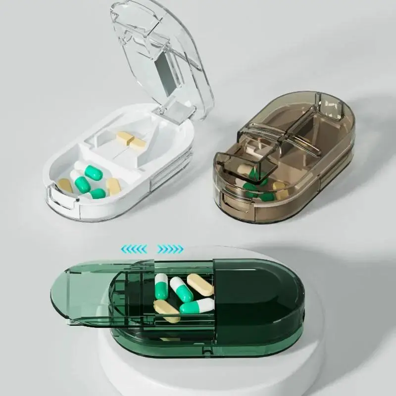 2-in-1 Portable Pill Cutter with Invisible Dustproof Storage Box, Drug Tablet Divider & Crusher, Pill Organizer for Home Organization