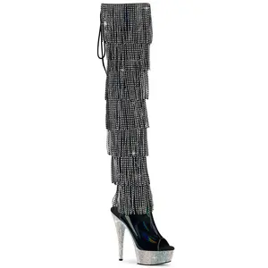 Pleaser Bejeweled-3017HG-RSF-6 Women's Thigh High Platform Lace-Up Boot - Black Holo Patent/Silver Shoe