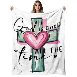 1pc, God Is Good Cross Heart, Soft Flannel Blanket, Warm, Faith-Themed Print Design, Suitable for Living Room, Bedroom, Sofa, Year-Round Use, Halloween | Christmas | Room Decoration | Autumn Home Decor, 280Gsm