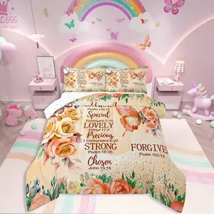 Boho Orange Butterfly Comforter Set,Inspirational Quotes Bedding Sets,Adults Rose Colorful Floral Quilt,Bohemian Butterflies Chic Duvet Insert