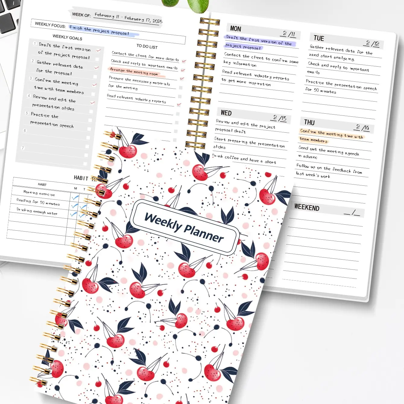 A5 Cherry Print Weekly Planner Notebook, Coil Bound, Style Time Management Journal, Habit Tracker, Efficiency Boost Notebook