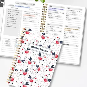 A5 Cherry Print Weekly Planner Notebook, Coil Bound, Style Time Management Journal, Habit Tracker, Efficiency Boost Notebook