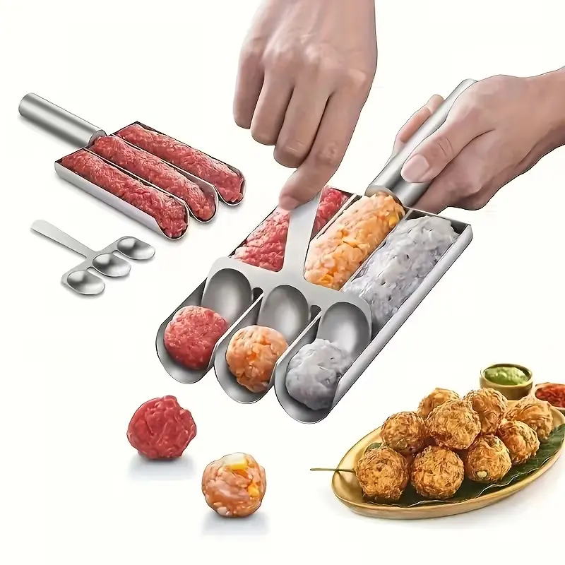 [Triple Meatball Maker] 1 Stainless Steel Non-Stick Triple Meatball Maker, Food Contact Safe, RV Kitchen Appliance, Easy Meatball Forming Tool, No-Charge Power Mode