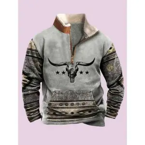 Western Wear Men's Vintage Bull Head Printed Sweatshirt 1/4 Zip Stand Collar Long Sleeves Casual Streetwear Looks Pullover Graphic Menswear Hoodie Polyester Tops Tops Zipper Cotton
