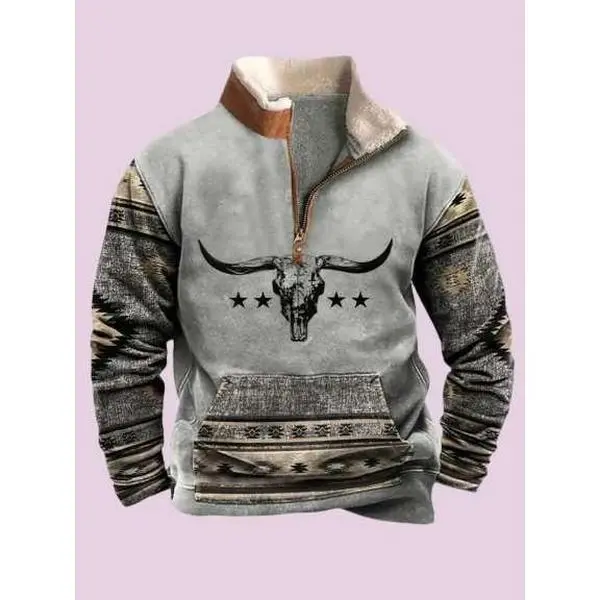 Western Wear Men's Vintage Bull Head Printed Sweatshirt 1/4 Zip Stand Collar Long Sleeves Casual Streetwear Looks Pullover Graphic Menswear Hoodie Polyester Tops Tops Zipper Cotton