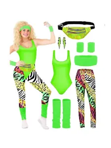 1980s Leotard & Leopard Print Leggings 7-Piece Set Retro Aerobics Outfit Dance Clothing for Dance, Fitness & Theme Parties
