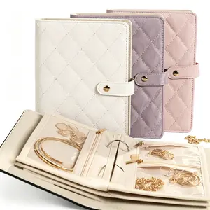 Portable Anti-Tarnish Jewelry Organizer Book Travel Earring Ring Necklace Storage Case in Pink Dust Bag with Quilted Design