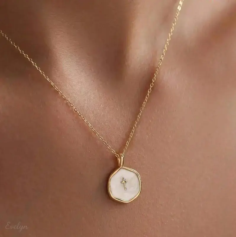 Minimalist Cross Pendant Necklace, Enamel Inlay Dainty Gold‑Tone Chain, Delicate Religious‑Inspired Jewelry for Daily & Casual Wear