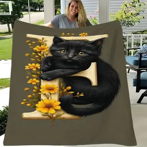 Cat Floral Letter Print Blanket, Soft Skin-Friendly Multi-Use Cover, Office Leg Rest, Bedroom Decor, Sofa Warmth, Outdoor Relaxation