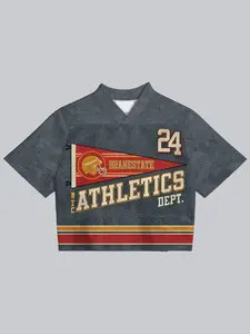 Vintage 90s School Team Rugby Women's Short Sleeve Jersey, Charcoal V-Neck Mesh Top, Sporty Loose-Fit Streetwear T-Shirt