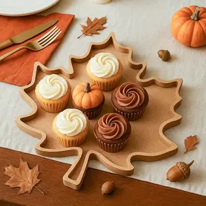 Autumn Leaf-Shaped Serving Tray, Artificial Wood Food-Safe Dessert Plate, Perfect for Thanksgiving & Halloween Parties, Durable Easy Clean Design