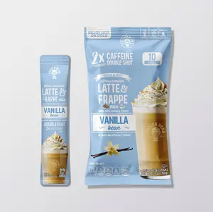 The Frozen Bean Vanilla Bean Frappe & Latte Instant Arabica Coffee Mix Sticks - Natural Powder with Creamer, Smooth Vanilla Flavor, Low Sugar, Hot/Iced Beverage, 10-Pack, Bag-Ready for Cupboard Storage