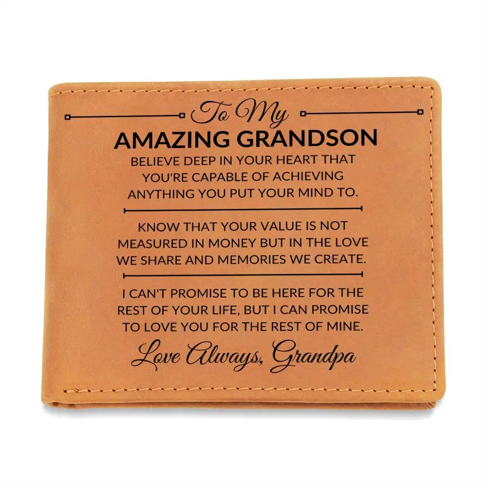 Men's Custom Full Grain Leather Bi-fold Wallet with Printed Front, Card Slots - Grandpa to Grandson Birthday Gift Ideas, Holiday Gift Option