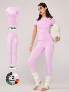 Women's Solid Short Sleeve Tee & Leggings Loungewear, Casual Comfy Round Neck Top & Skinny Pants PJ Set, Ladies Sleepwear for Spring & Fall