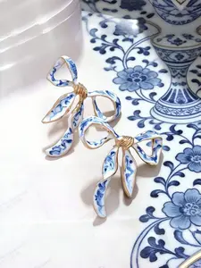 Vintage Oil Painting Drip Blue & Porcelain Bow Earrings, Fashionable Enamel Ribbon Earrings for Women, 2pcs Set Jewelry Accessories