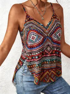 Plus Size Boho Ethnic Print Halter Top, Side Slit Irregular Hem, Slimming V Neck Sleeveless Shirt, Summer Loose Vacation Style, Adjustable Straps